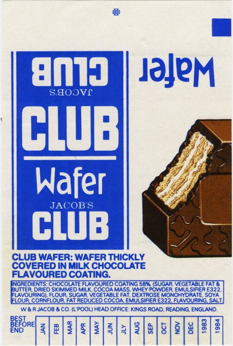 Jacob's Club Wafer wrapper from 1980s, blue and white