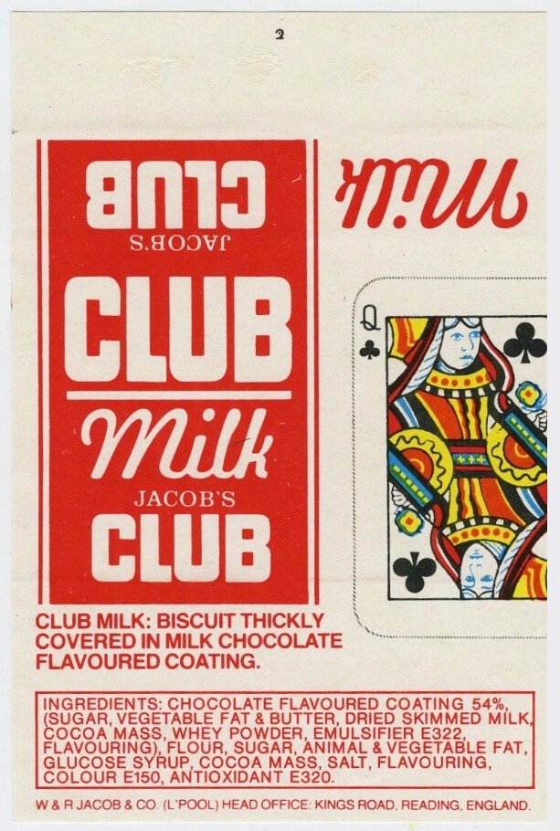 Jacob's Milk Club wrapper from 1980s, red and white with Queen of Clubs playing card graphic
