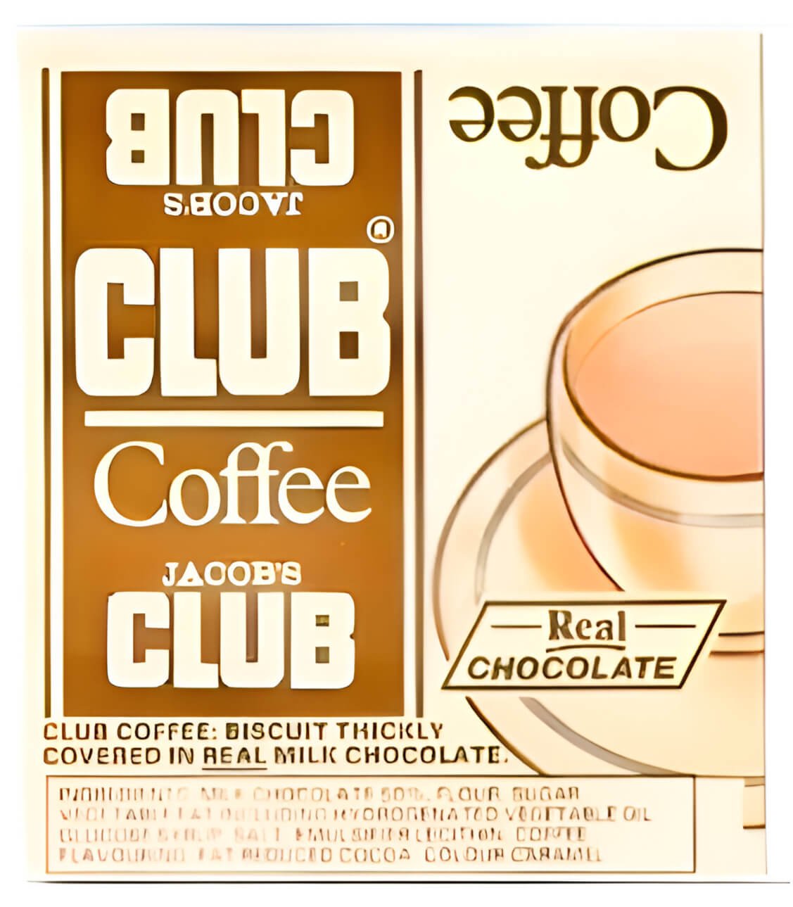 Club Coffee wrapper from the 1980s, brown and white with cup and saucer graphic