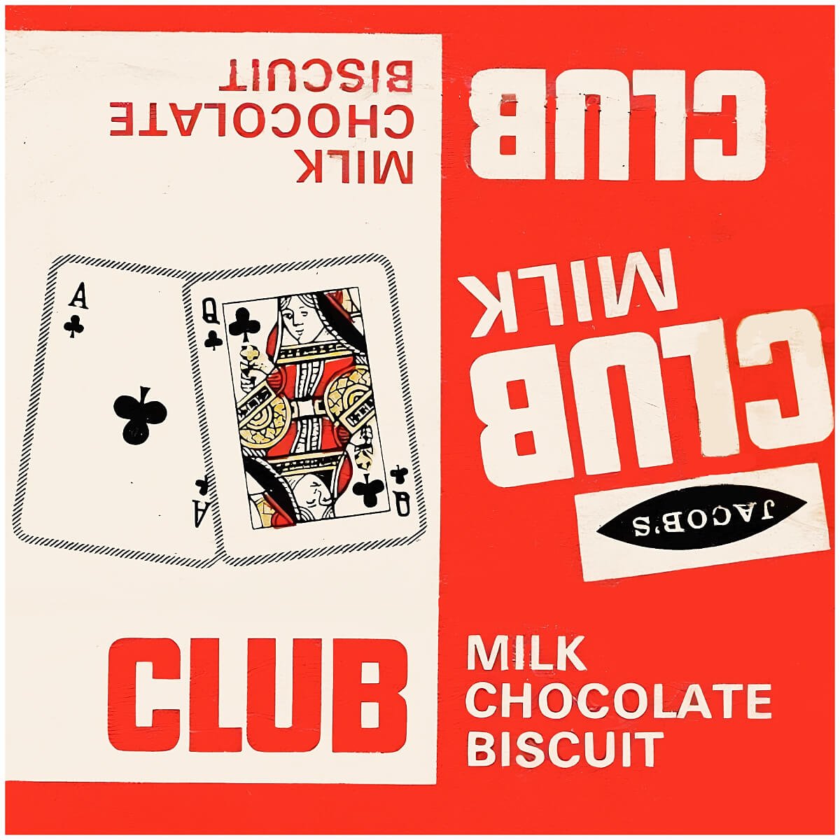 Jacob's Club Milk wrapper from 1970s, red and white with Ace and Queen of Clubs playing cards graphic