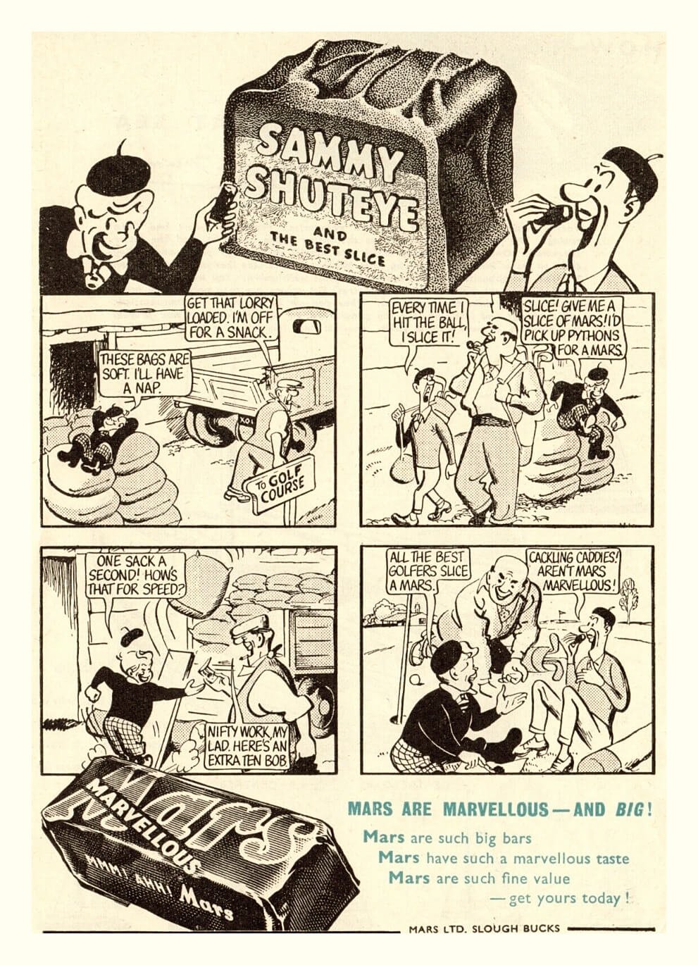Sammy Shuteye and the Best Slice comic strip advert for Mars bar
