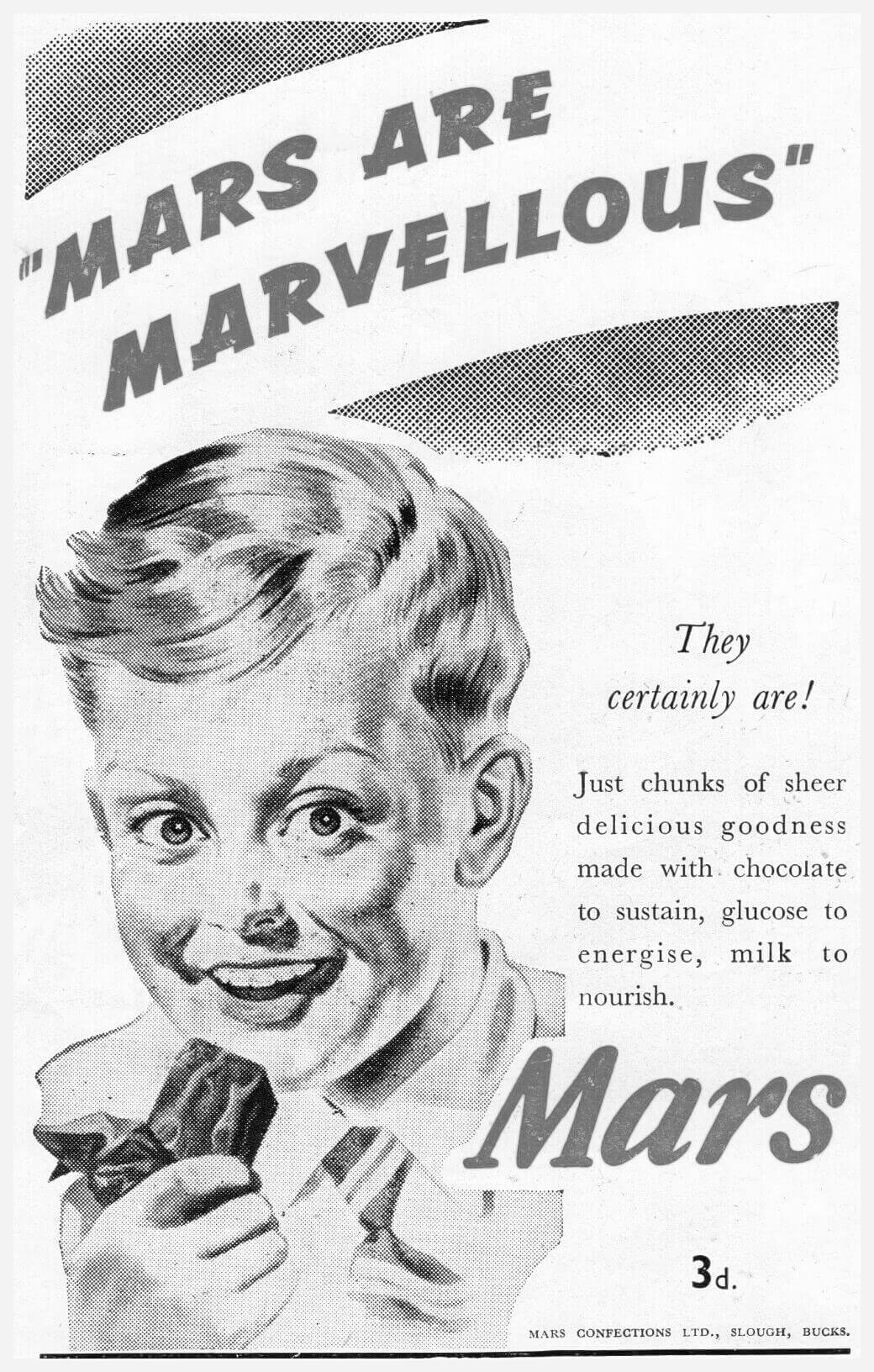 Mars Are Marvellous A4 advert for Mars Bar from 1946, with illustration of a young boy
