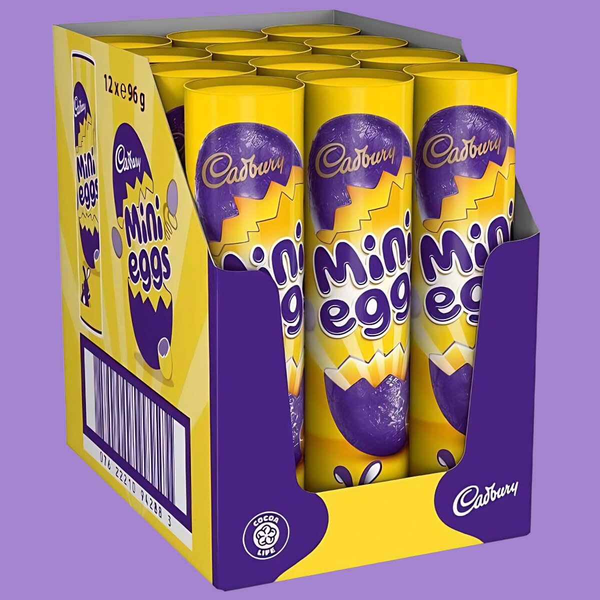 12 Cadbury Mini Egg tubes, upright in a display box