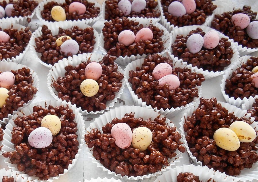 Chocolate puffed rice cakes with mini eggs topping