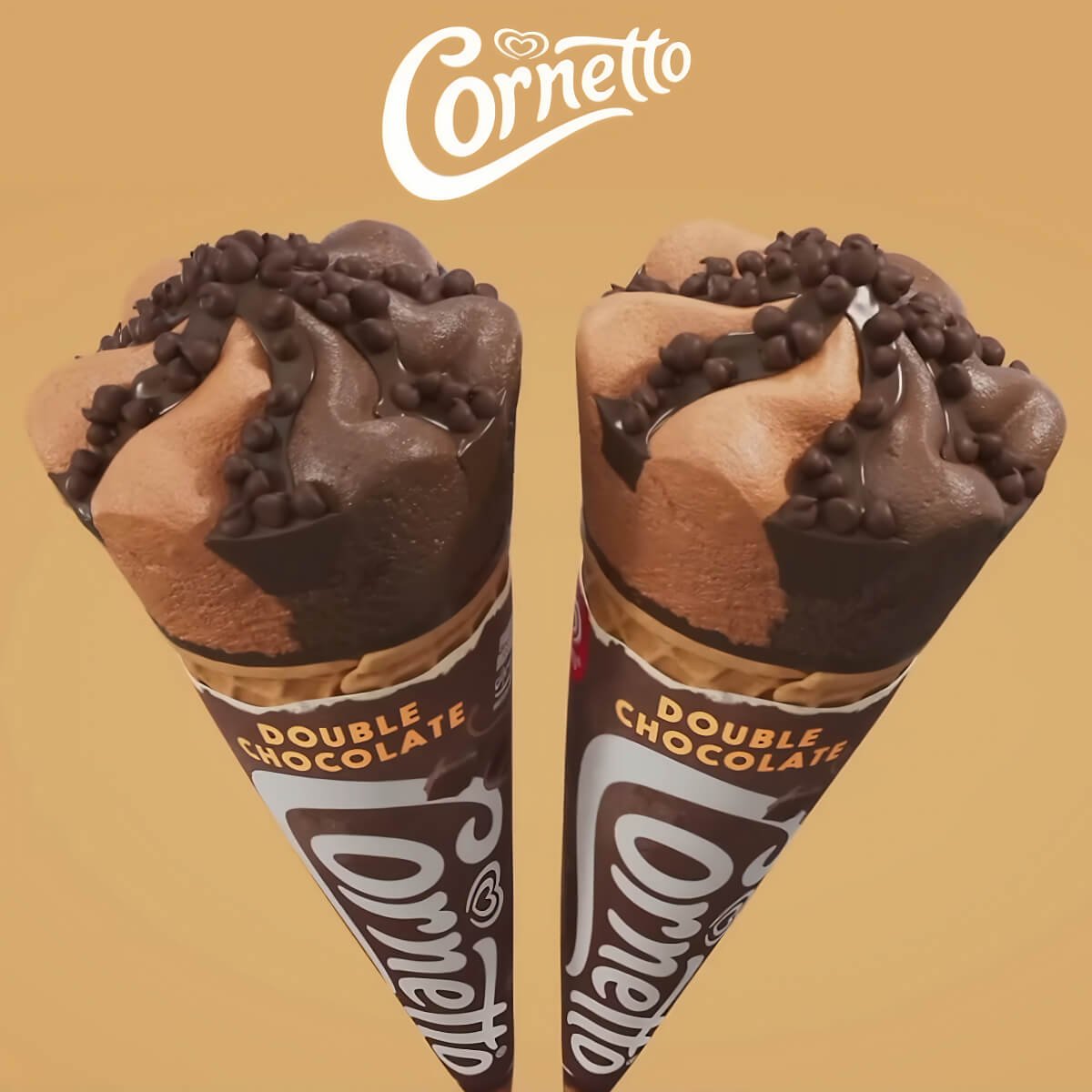 Two Wall's Cornetto cones with logo, Double Chocolate flavour