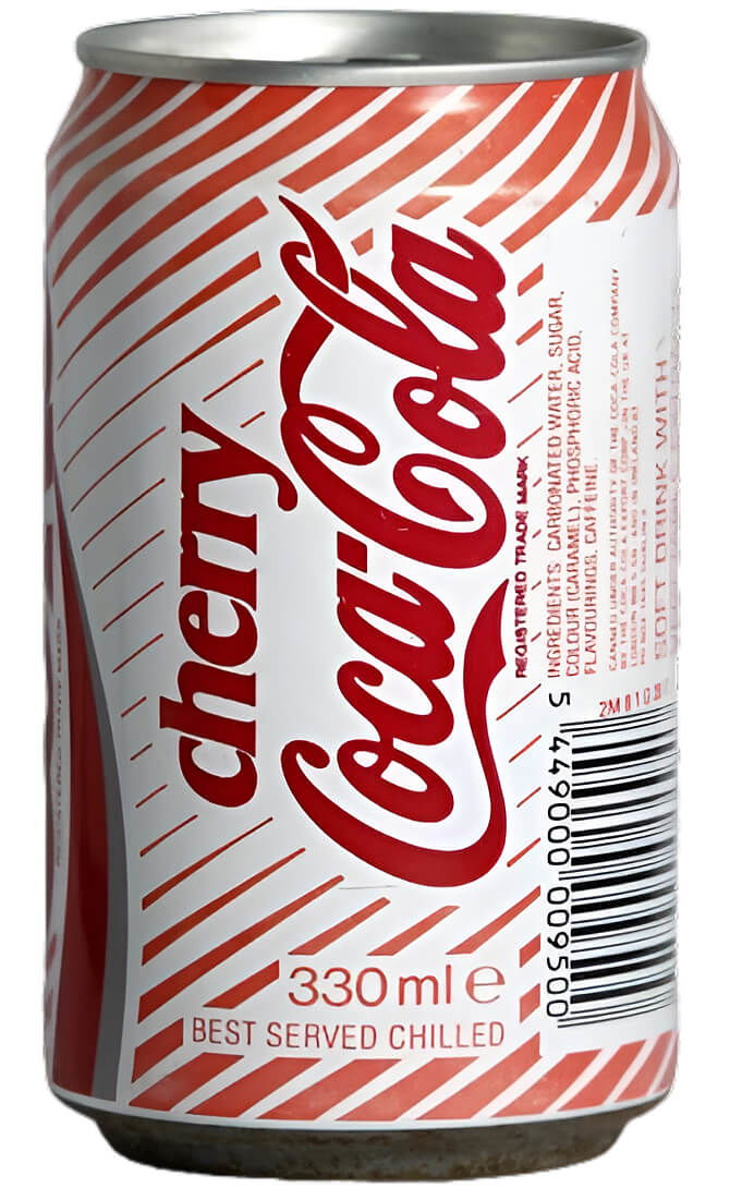 Can of Cherry Coca Cola from 1987, white with red stripes