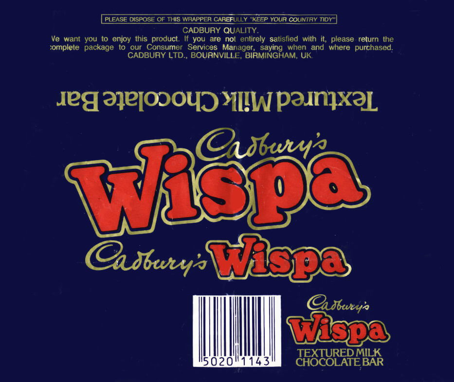 Cadbury's Wispa wrapper from 1980s, purple with red and gold logo, gold text