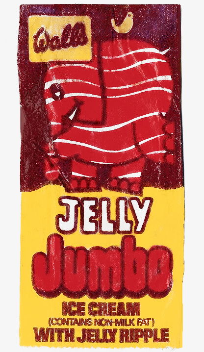 Wall's Jelly Jumbo ice lolly wrapper featuring a red elephant with a yellow bird on his back