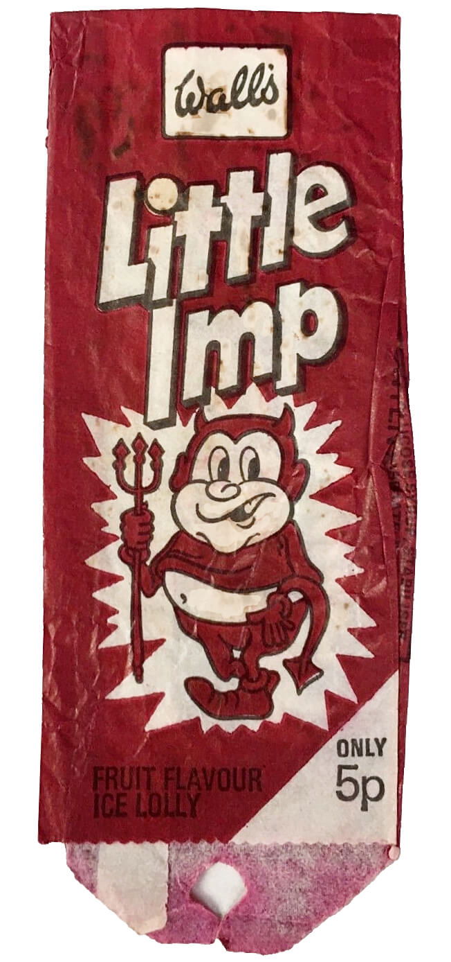 Wall's Little Imp ice lolly wrapper, brown with an illustration of a little devil with pitchfork