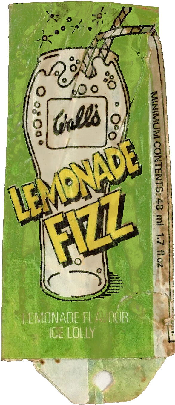 Wall's Lemonade Fizz ice lolly wrapper, green with yellow text and an illustration of a glass of lemonade and two straws,