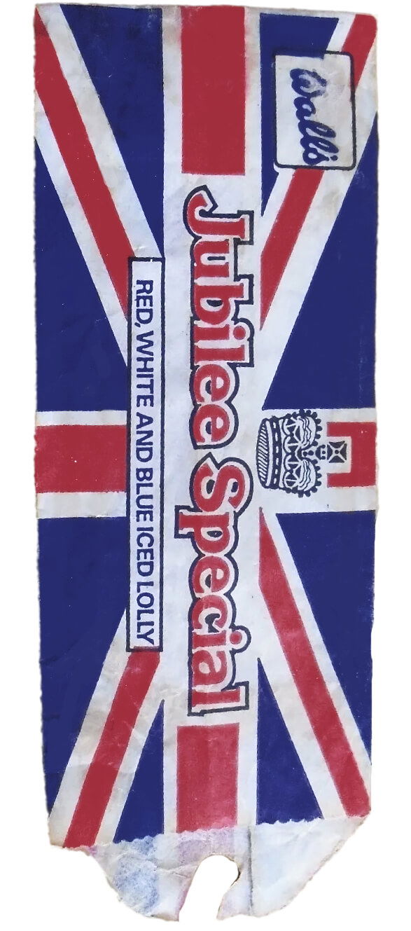 Wall's Jubilee Special ice lolly wrapper from 1977. Ft. Union flag graphic, red, white and blue.