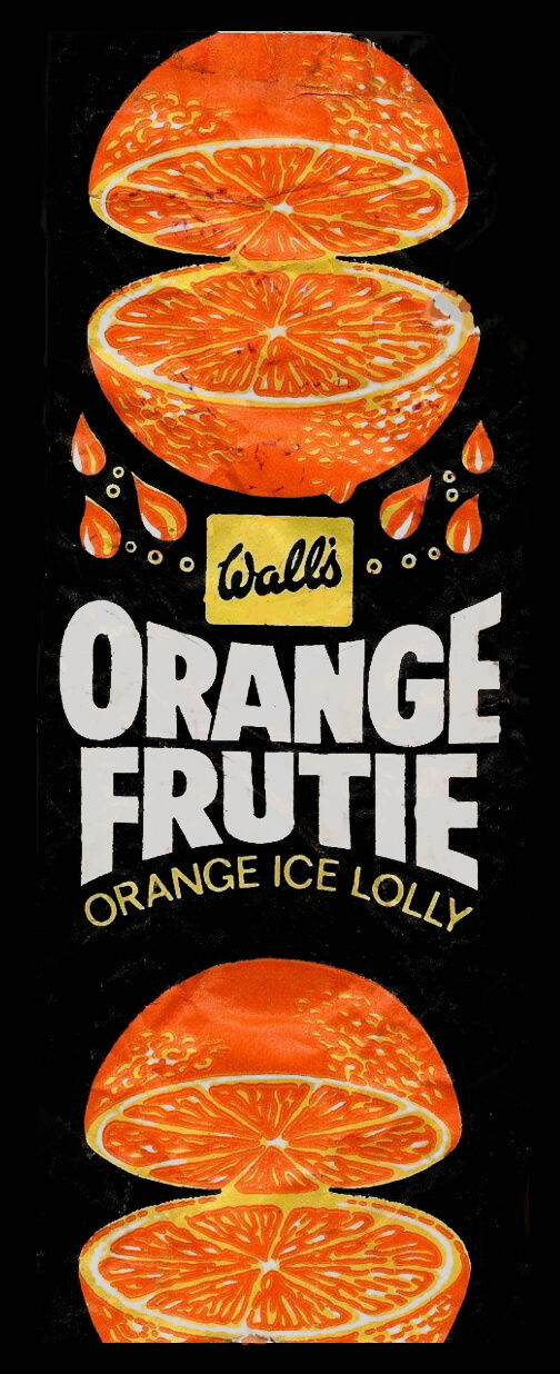 Wall's Orange Frutie ice lolly wrapper from 1970s, black with illustration of orange halves