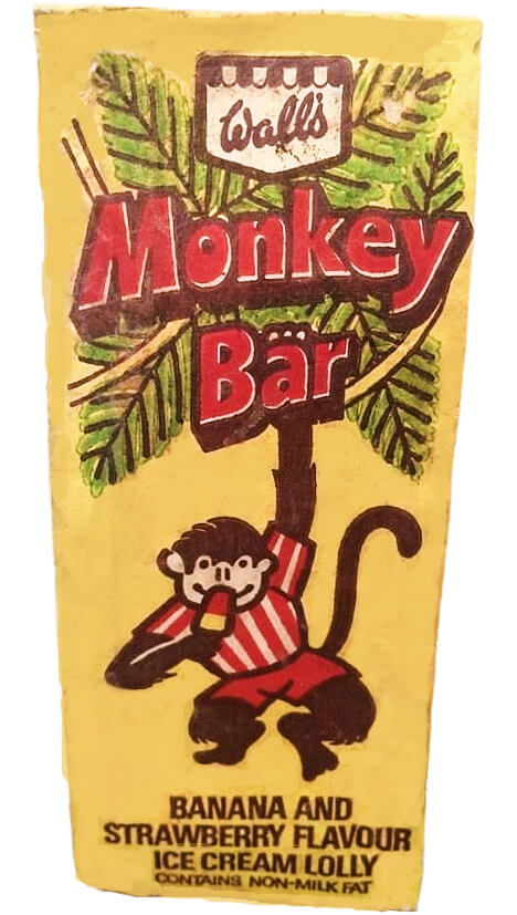 Wall's Monkey Bar ice lolly wrapper, yellow with illustration of a brown monkey wearing red shorts and a striped T-shirt