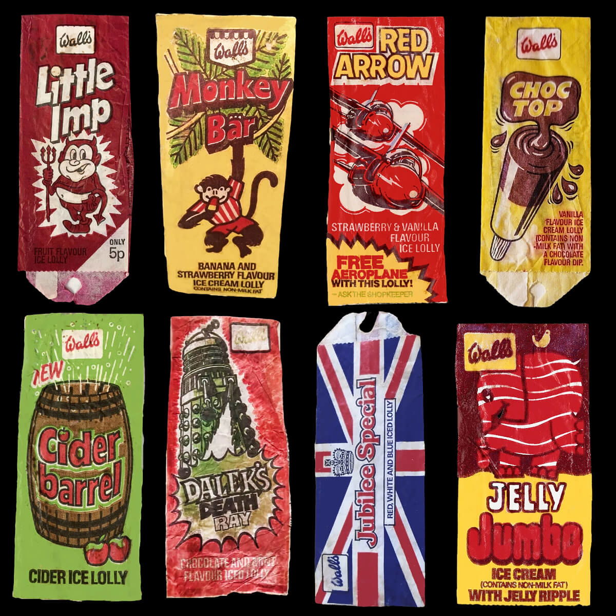 Eight Wall's ice lolly wrappers from the 1970s.