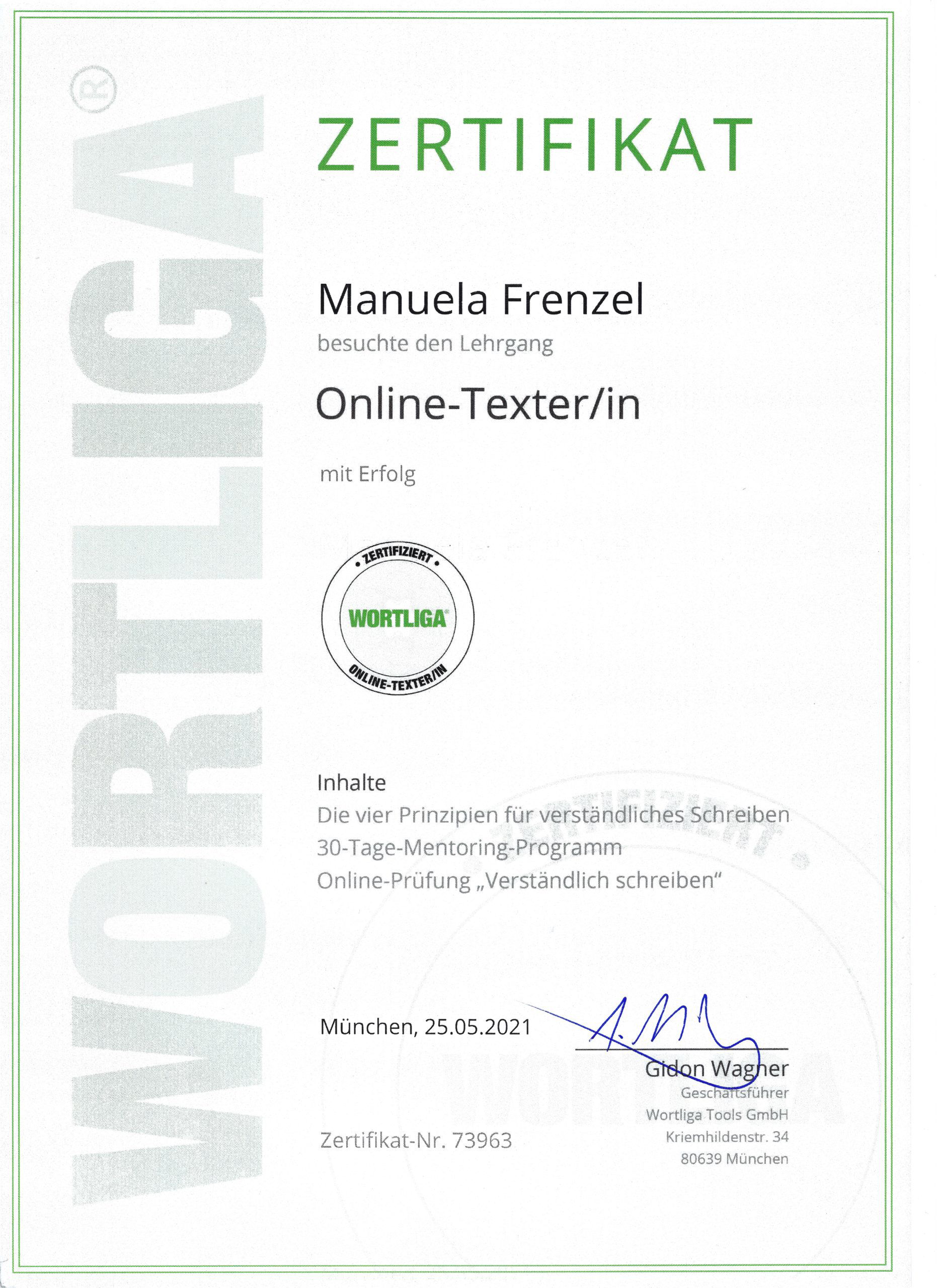 Zertifikat Online-Texterin