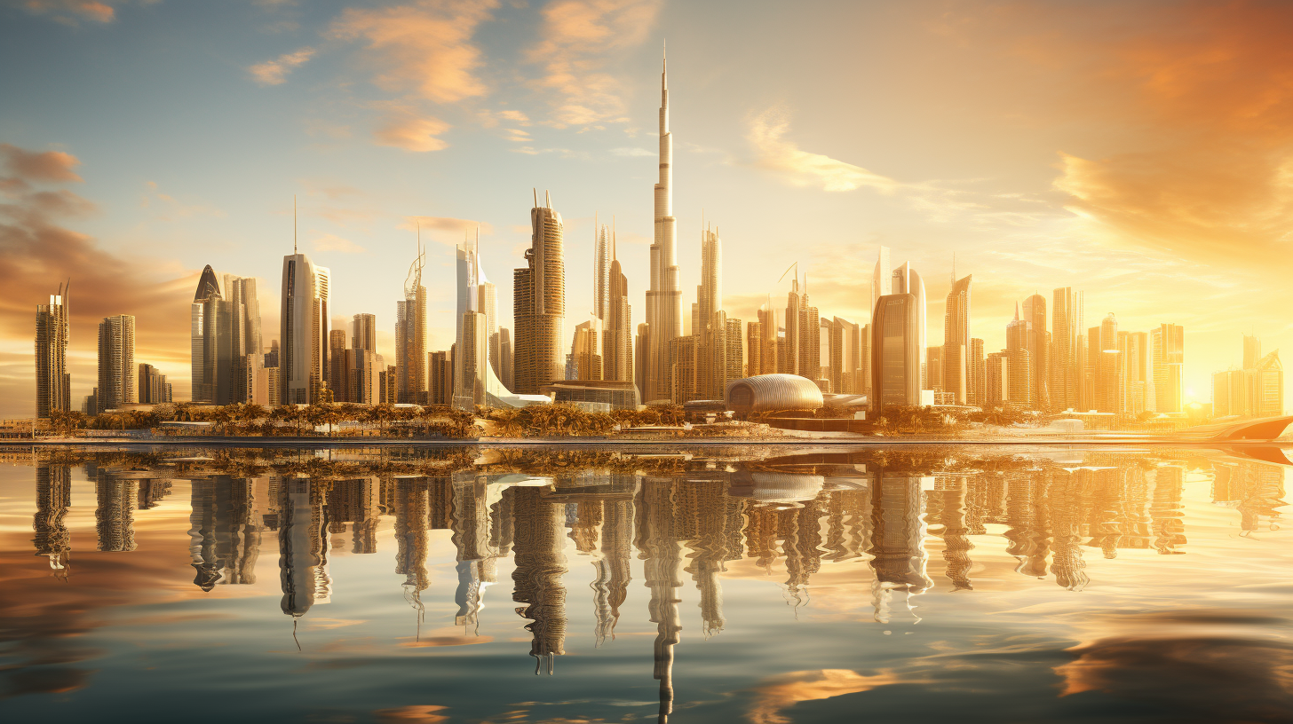 Panoramic view of Dubai skyline, luxurious and futuristic ambiance, golden sunset hues.