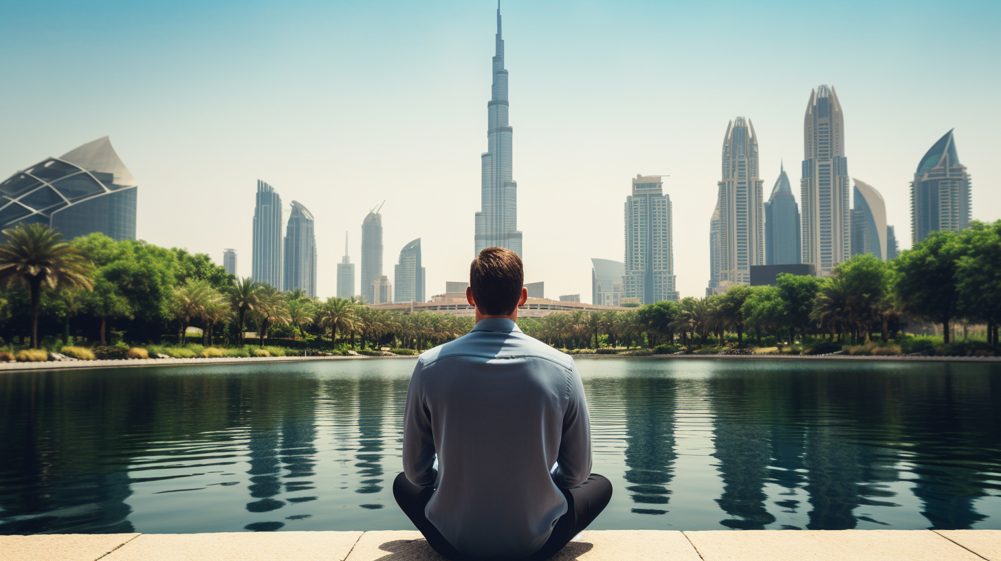 Person practicing yoga in a serene park with Dubai's architectural marvels in the distance, representing stress reduction as a key to dental implant longevity.
