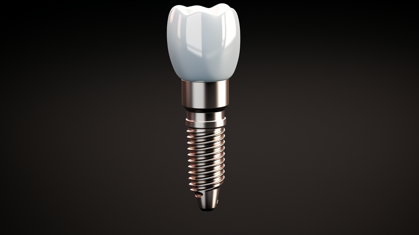  3D model of a single dental implant, highlighting the titanium screw, abutment, and crown, with a focus on the texture and material details,