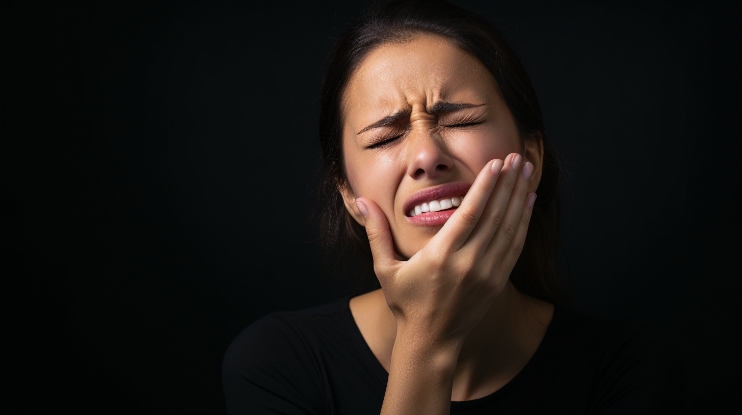 Portrait of a person grimacing in pain, clutching their jaw, with visible discomfort, symbolizing the pain before undergoing root canal treatment