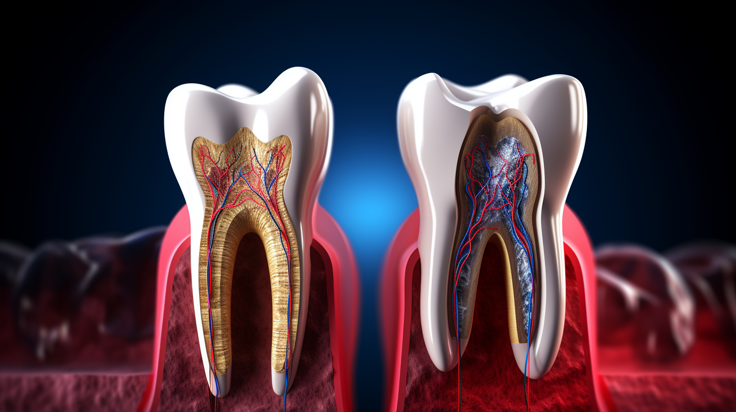 3D graphic comparing a healthy tooth with one needing a root canal, featuring side-by-side views that detail internal structures and potential issues leading to treatment, aimed at demystifying the process for patients.
