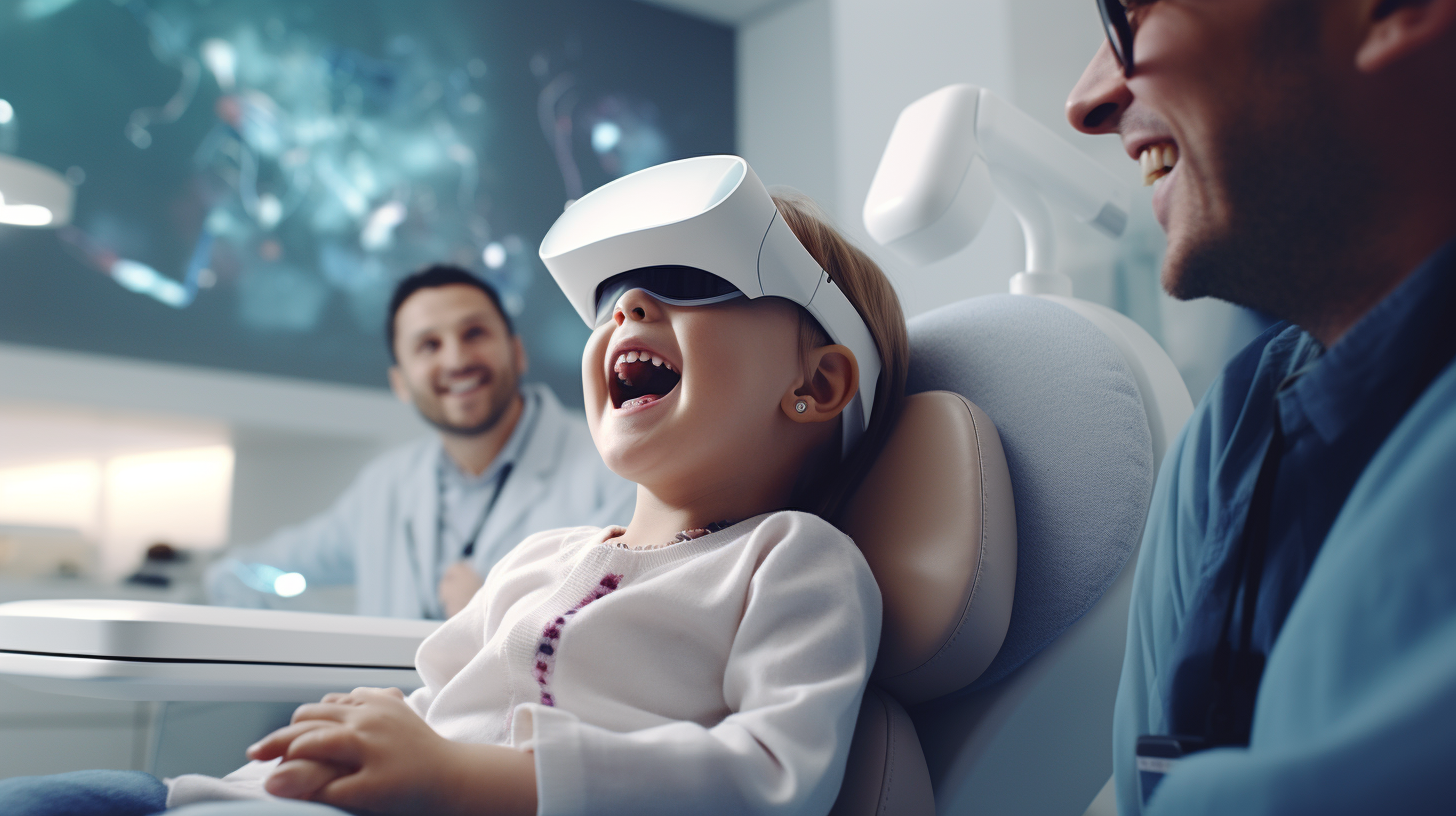  Child wearing virtual reality headset during a dental visit, immersed in a calming, animated world, as the dentist works in the background