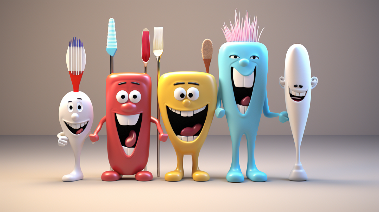 3D model of dental tools reimagined as cartoon characters, used for educating children about dental health in a non-threatening way,