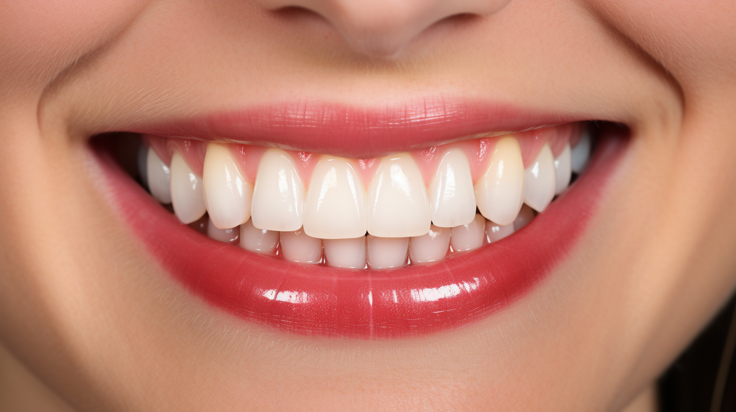  Close-up of a smile transformation, focusing on the teeth and gums, highlighting the aesthetic improvement from gummy to balanced. 
