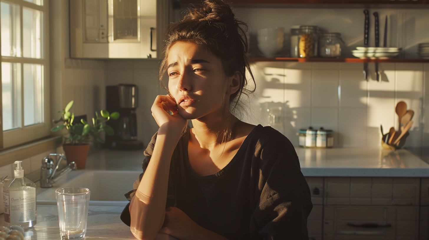 A young woman stands in her kitchen, a look of relief washing over her face as she gently touches her jaw, feeling the subsidence of dental pain. The kitchen is bathed in morning light, creating a warm, comforting atmosphere. On the counter beside her is a glass of water and an open medicine bottle, symbols of her recent alleviation from pain.