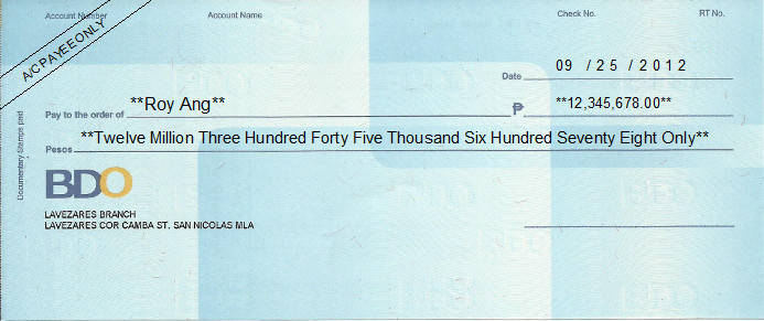 Printed Cheque of BDO Bank - Banco de Oro (Personal) in Philippines