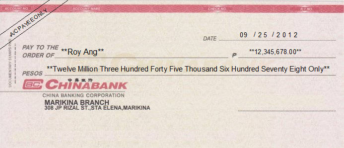 Printed Cheque of China Bank (Personal) Philippines
