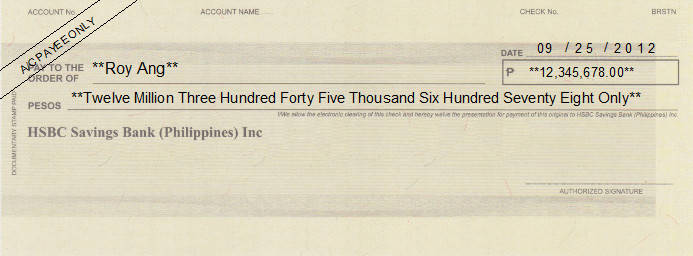 Printed Cheque of HSBC Savings Bank Philippines