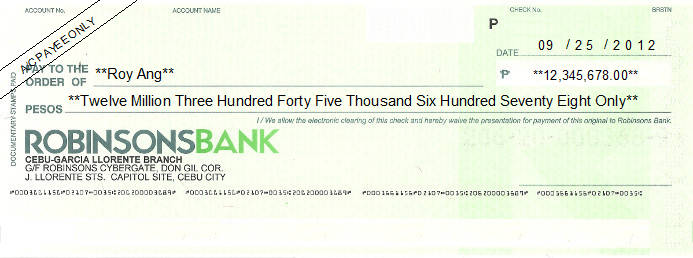 Printed Cheque of Robinsons Bank in Philippines