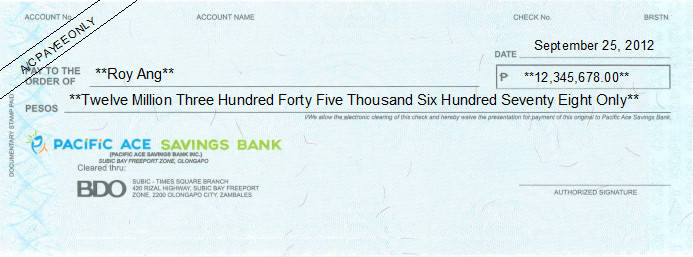 Printed Cheque of Pacific Ace Savings Bank (Personal) in Philippines