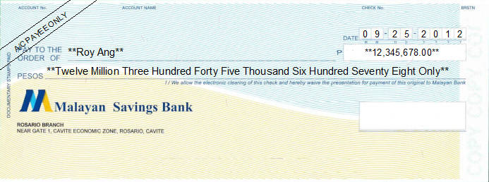 Printed Cheque of Malayan Savings Bank in Philippines