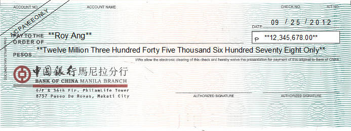 Printed Cheque of Bank of China (中國銀行) in Philippines