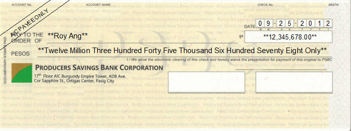 Printed Cheque of Producers Savings Bank Corporation Philippines