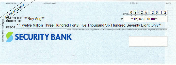 Printed Cheque of Security Bank Philippines