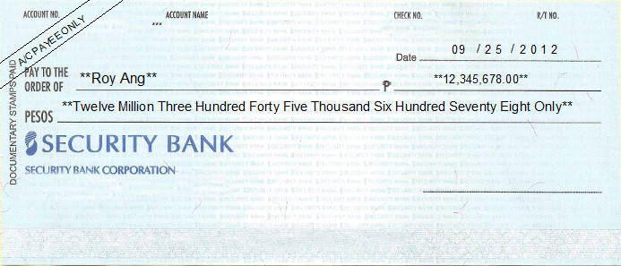 Printed Cheque of Security Bank (Personal) Philippines