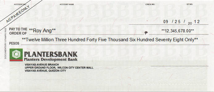 Printed Cheque of Planters Development Bank (Personal) in Philippines
